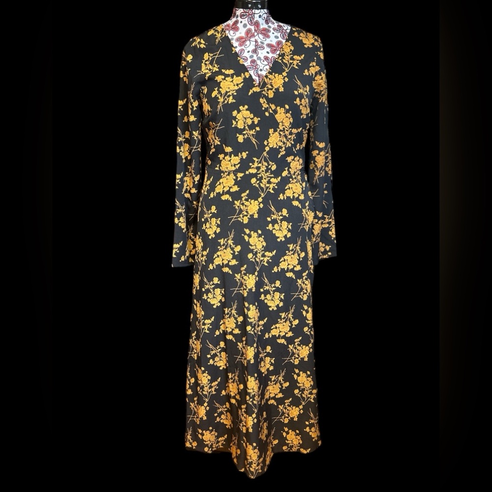 Rihoas NWT Black & Mustard Yellow Floral Long Sleeve Maxi Dress XL